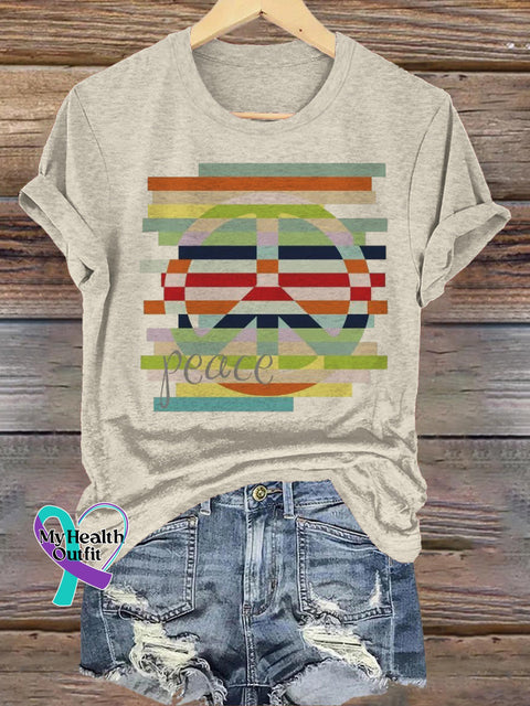Peace Printed Casual Round Neck Short Sleeve T-Shirt Beige / S