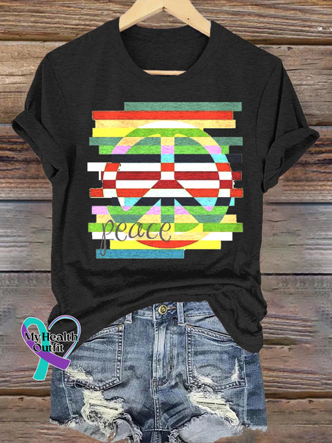 Peace Printed Casual Round Neck Short Sleeve T-Shirt Black / S