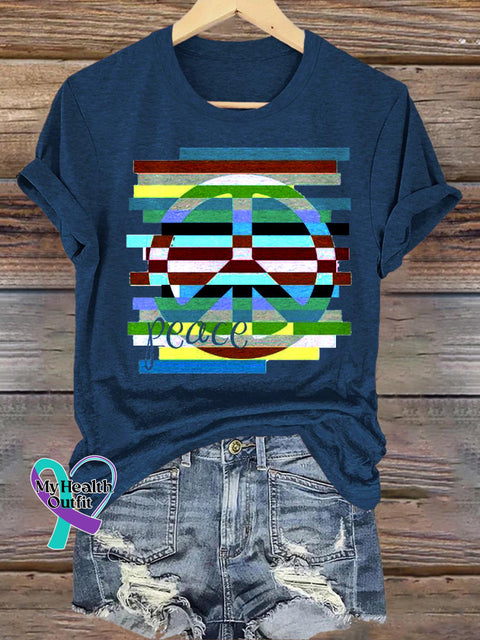 Peace Printed Casual Round Neck Short Sleeve T-Shirt NavyBlue / S