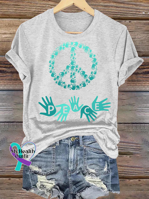 Peace Printed Casual Round Neck Short Sleeve White / S