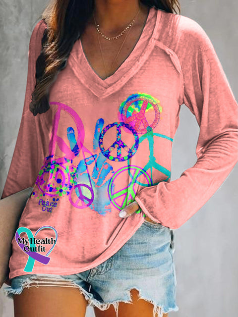 Peace Printed Casual V-Neck Long Sleeve Top Color / S