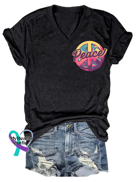 Peace Printed Casual V-Neck Short Sleeve T-Shirt Black / S
