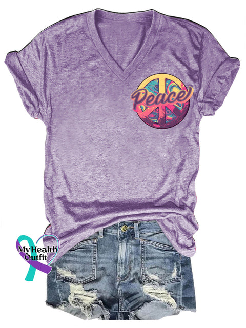Peace Printed Casual V-Neck Short Sleeve T-Shirt Purple / S