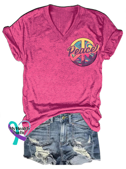 Peace Printed Casual V-Neck Short Sleeve T-Shirt RoseRed / S