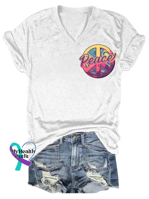 Peace Printed Casual V-Neck Short Sleeve T-Shirt White / S