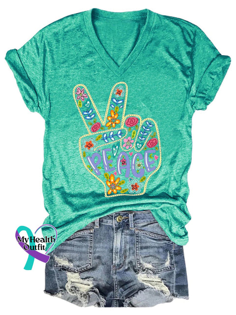Peace Scissorhands Print Casual V-Neck Short Sleeve T-Shirt Cyan / S