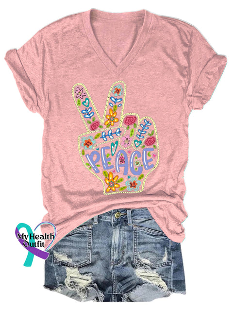 Peace Scissorhands Print Casual V-Neck Short Sleeve T-Shirt Pink / S