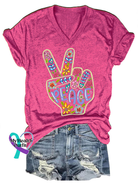 Peace Scissorhands Print Casual V-Neck Short Sleeve T-Shirt RoseRed / S