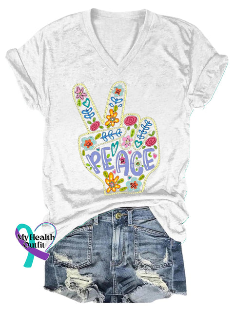 Peace Scissorhands Print Casual V-Neck Short Sleeve T-Shirt White / S