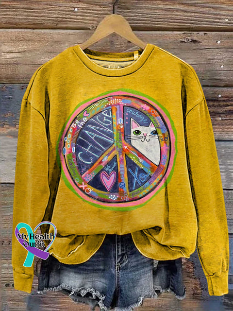 Peace Sign Cat Sweashirt Multicolor / S