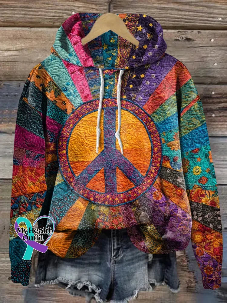 Peace Sign Floral Cotton Casual Hoodie Sweatshirt Multicolor / S