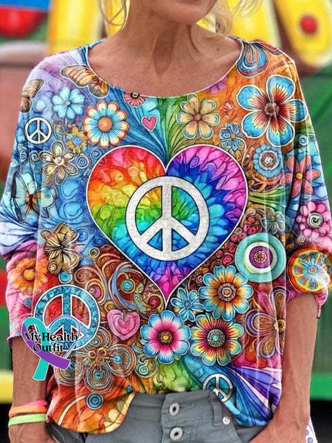 Peace Sign Heart Rainbow Floral Love and Peace Art Print Casual Long Sleeve T-shirt Multicolor / S