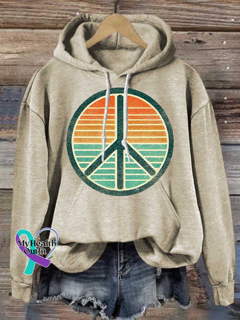 Peace Sign Love and Peace Casual Hoodie Sweatshirt Sand / S