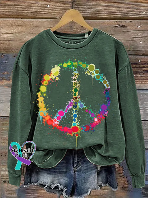 Peace Sign Love And Peace Print Casual Sweatshirt Green / S
