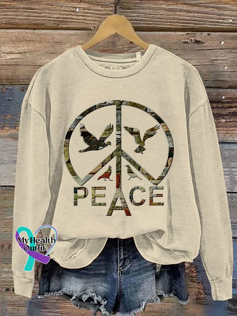 Peace Sign Love And Peace Print Casual Sweatshirt Khaki / S