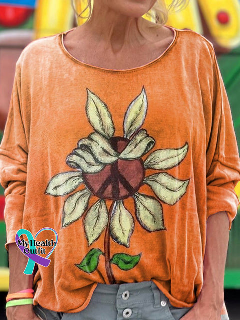 Peace Sunflower Print Loose Round Neck Women’s Long Sleeve T-Shirt Orange / S