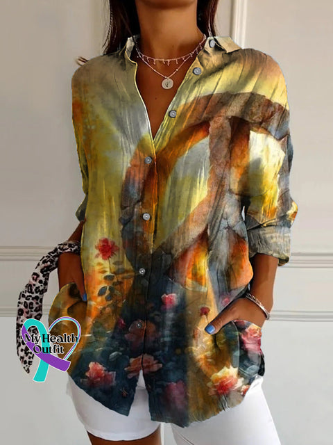 Peace Sunshine Floral Print Casual Cotton Linen Shirt Multicolor / S