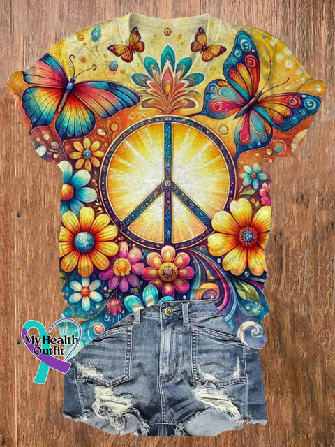 Peace Symbol Butterfly Floral Print Casual V-Neck Short Sleeve T-Shirt Multicolor / S