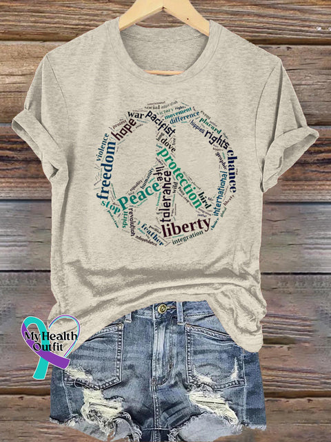 Peace Text Print Casual Round Neck Short Sleeve T-Shirt Beige / S