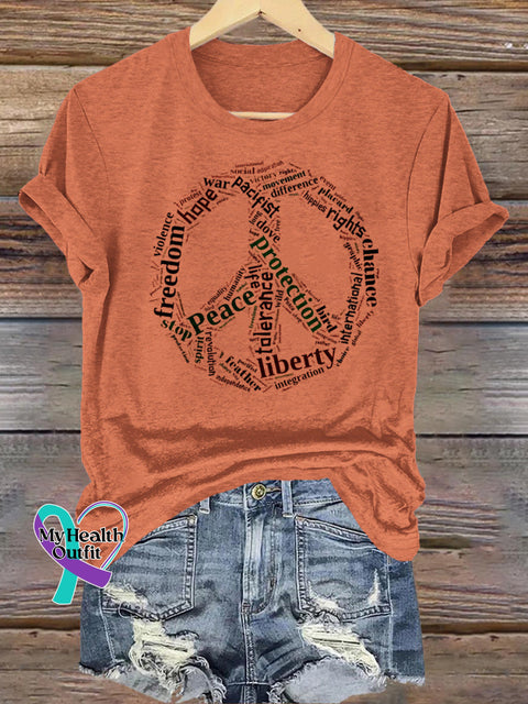 Peace Text Print Casual Round Neck Short Sleeve T-Shirt Orange / S