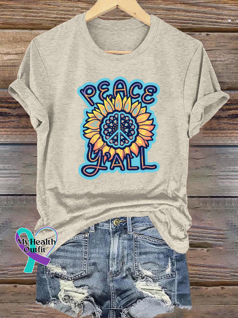 Peace Y’all Sunflower Print Casual Crew Neck Short Sleeve T-Shirt Beige / S