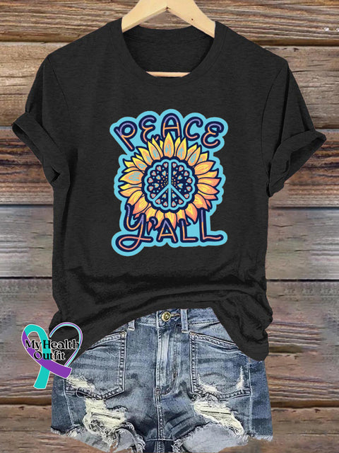Peace Y’all Sunflower Print Casual Crew Neck Short Sleeve T-Shirt Black / S