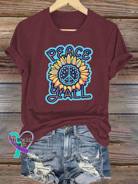 Peace Y’all Sunflower Print Casual Crew Neck Short Sleeve T-Shirt Brown / S