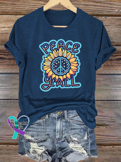 Peace Y’all Sunflower Print Casual Crew Neck Short Sleeve T-Shirt NavyBlue / S