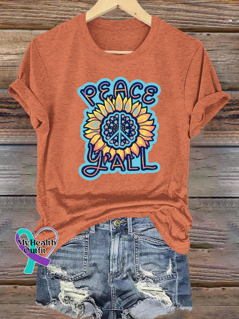 Peace Y’all Sunflower Print Casual Crew Neck Short Sleeve T-Shirt Orange / S
