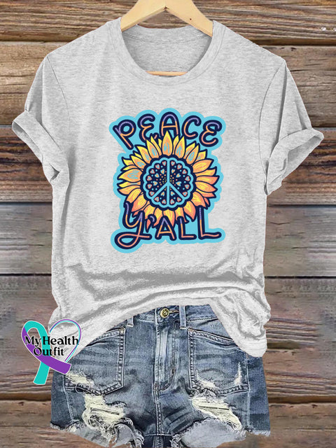 Peace Y’all Sunflower Print Casual Crew Neck Short Sleeve T-Shirt White / S