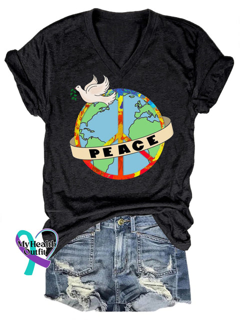 Peaceful Earth Peace Dove Printed Casual V-Neck Short Sleeve T-Shirt Black / S