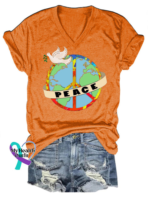 Peaceful Earth Peace Dove Printed Casual V-Neck Short Sleeve T-Shirt Orange / S