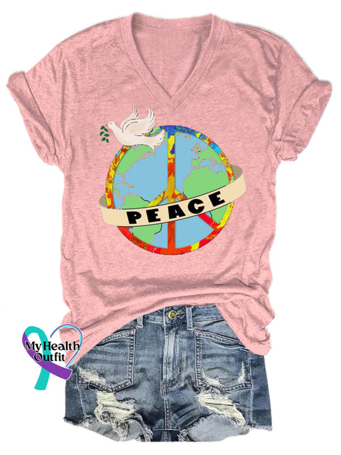 Peaceful Earth Peace Dove Printed Casual V-Neck Short Sleeve T-Shirt Pink / S
