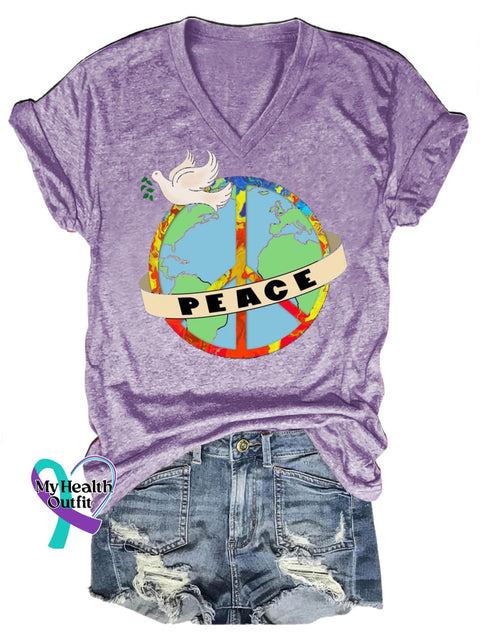 Peaceful Earth Peace Dove Printed Casual V-Neck Short Sleeve T-Shirt Purple / S