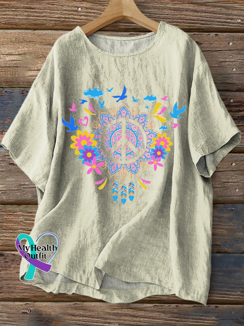 Peaceful Floral Dove Print Casual Cotton Linen Shirt Multicolor / S