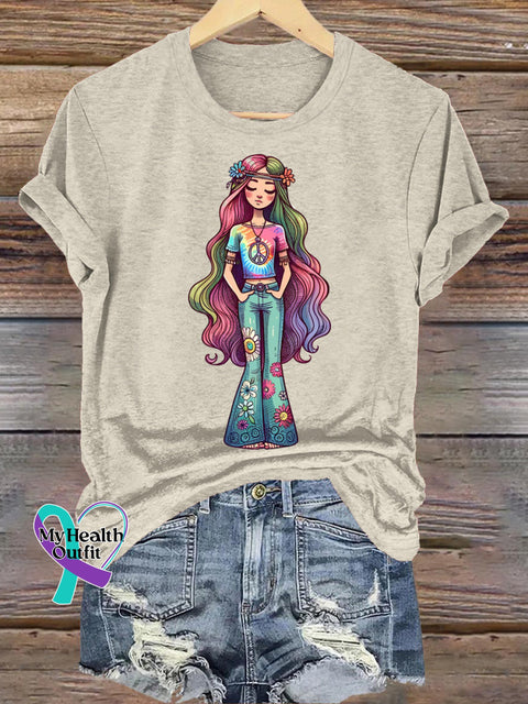 Peaceful Hippie Girl Casual Round Neck Short Sleeve T-Shirt Beige / S