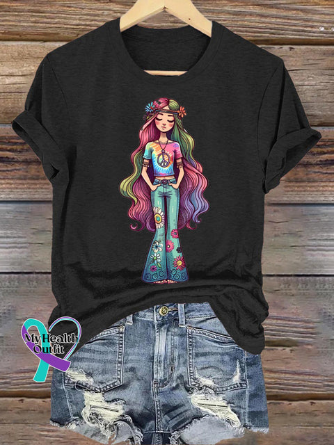 Peaceful Hippie Girl Casual Round Neck Short Sleeve T-Shirt Black / S