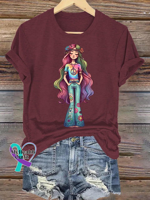 Peaceful Hippie Girl Casual Round Neck Short Sleeve T-Shirt Brown / S