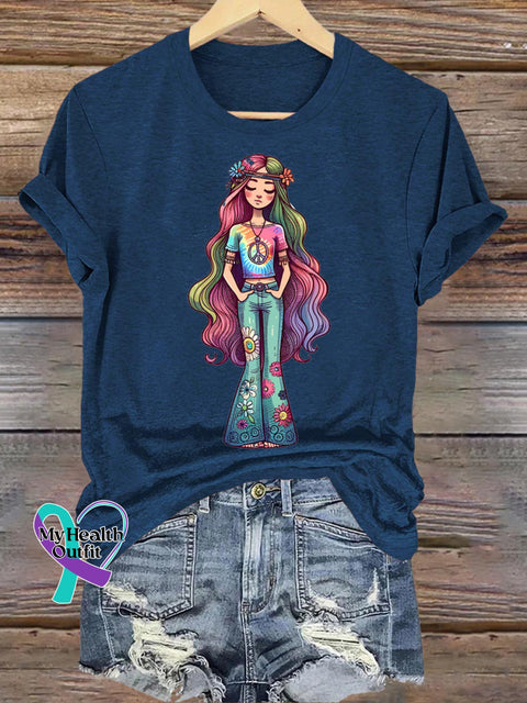 Peaceful Hippie Girl Casual Round Neck Short Sleeve T-Shirt NavyBlue / S