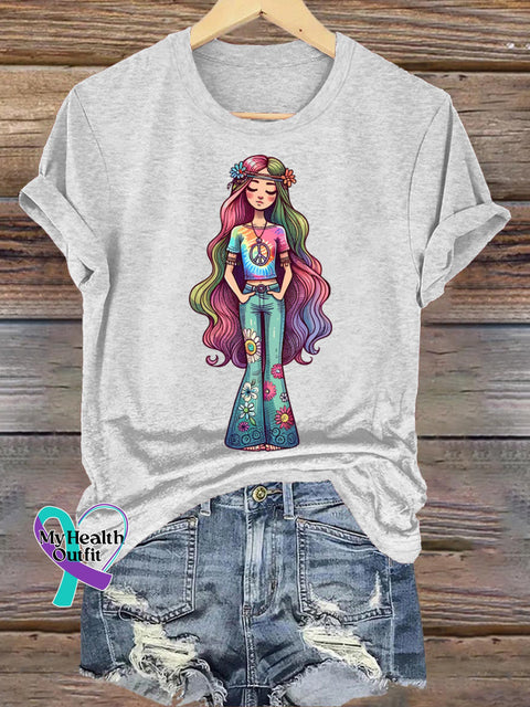 Peaceful Hippie Girl Casual Round Neck Short Sleeve T-Shirt White / S