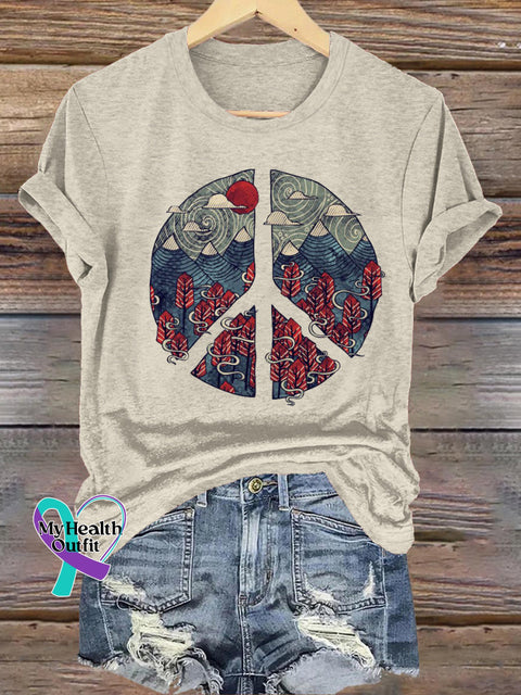 Peaceful Landscape Printed Casual Round Neck Short Sleeve T-Shirt Beige / S