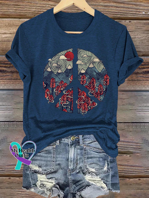 Peaceful Landscape Printed Casual Round Neck Short Sleeve T-Shirt NavyBlue / S