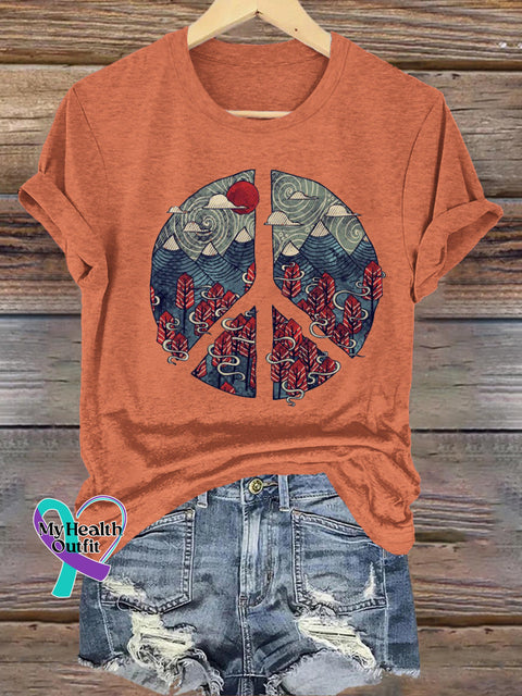 Peaceful Landscape Printed Casual Round Neck Short Sleeve T-Shirt Orange / S