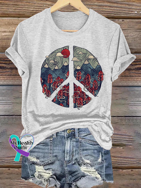 Peaceful Landscape Printed Casual Round Neck Short Sleeve T-Shirt White / S