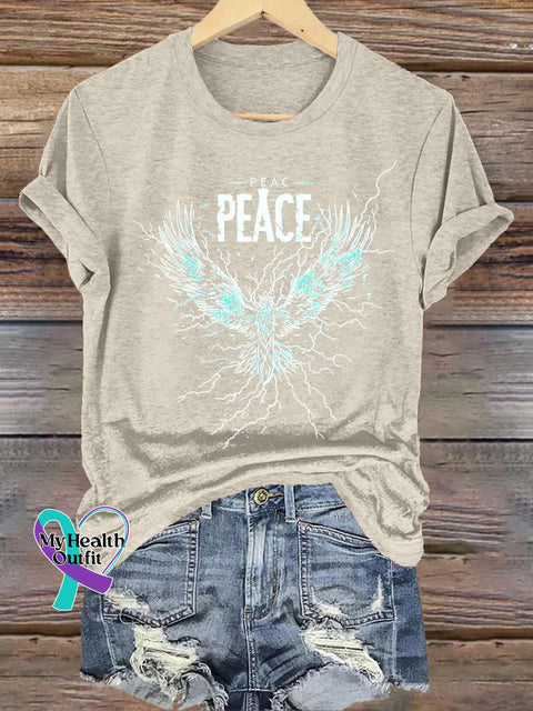Peaceful Phoenix Print Casual Round Neck Short Sleeve T-Shirt Beige / S