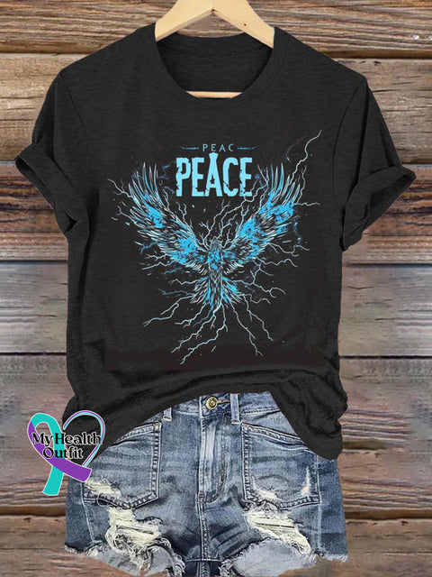 Peaceful Phoenix Print Casual Round Neck Short Sleeve T-Shirt Black / S