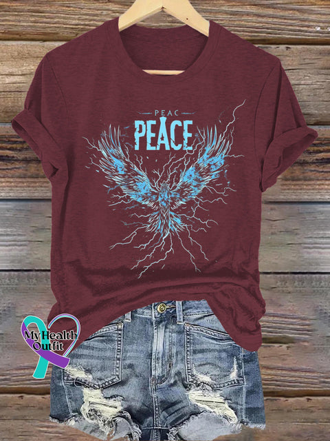 Peaceful Phoenix Print Casual Round Neck Short Sleeve T-Shirt Brown / S