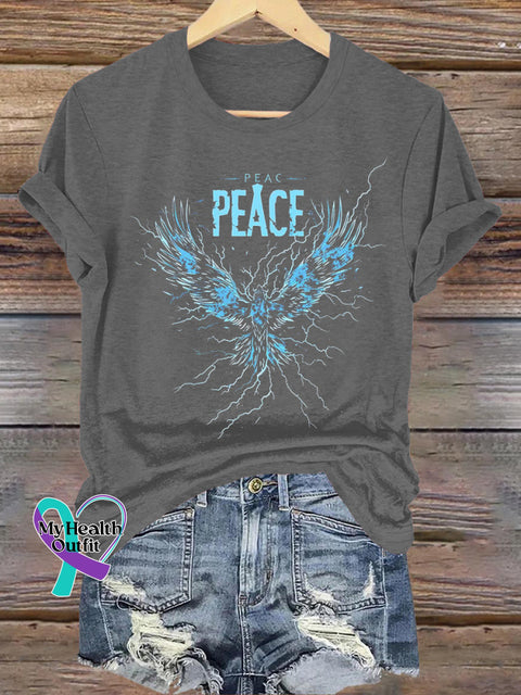 Peaceful Phoenix Print Casual Round Neck Short Sleeve T-Shirt Grey / S