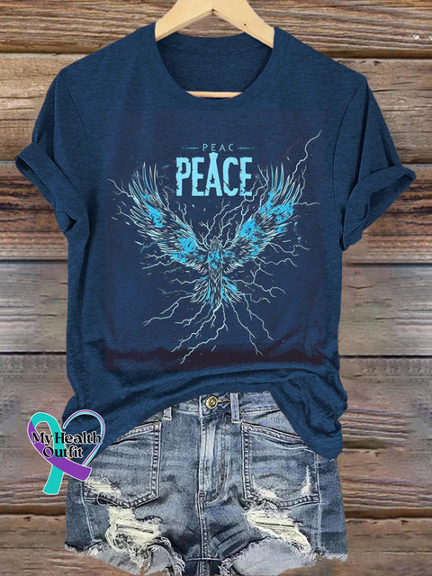 Peaceful Phoenix Print Casual Round Neck Short Sleeve T-Shirt NavyBlue / S