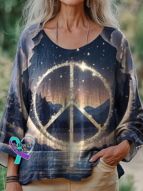 Peaceful Scenery Printed Casual Round Collar Cotton Linen Shirt Multicolor / S